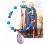 Westmon Works Juego de pulseras de San Peregrino con cuentas de cristal azul y dije de metal con tarjeta de oración sagrada para el cáncer, fabricada en Italia