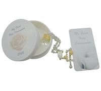 Westmon Works Juego de rosario de primera comunión 2023 con forma de rosa y cuentas de cristal en una funda protectora con tarjeta sagrada a juego, Metal, No es una piedra preciosa