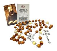 Westmon Works Padre Pio - Rosario de cuentas marrones y abalorios de metal con tarjeta de oración del santo santo