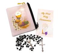 Westmon Works Rosario de primera comunión para niño, cuentas de cristal negro con centro de mesa de cáliz de metal y crucifijo con bolsa con cremallera y tarjeta de oración sagrada, Zinc, No es una