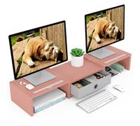WESTREE Dual 3 Shelf Computer Riser with Drawer Adjustable Length and Angle Desktop 2 Monitor Stand Storage Organizer