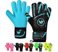 WESTWOOD FOX Guantes de portero, protección de dedos, guantes de portero de fútbol para niños, jóvenes, adultos, palma de agarre pesado con látex Dumbo de 4 + 3 mm, soporte de muñeca (negro-cian
