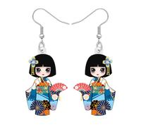 WEVENI Acrílico Japonés Regalo Kimono Kokeshi Muñeca Pendientes Gota Lindo Cosas Kawaii Regalos para Amantes de Japón Joyería de Fantasía para Mujeres Niñas (Azul)