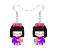 WEVENI Acrílico Japonés Regalo Kimono Kokeshi Muñeca Pendientes Gota Lindo Cosas Kawaii Regalos para Amantes de Japón Joyería de Fantasía para Mujeres Niñas (Morado)