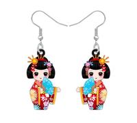WEVENI Acrílico Japonés Regalo Kimono Kokeshi Muñeca Pendientes Gota Lindo Cosas Kawaii Regalos para Amantes de Japón Joyería de Fantasía para Mujeres Niñas (Rojo)