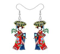 WEVENI Acrílico Japonés Regalo Kimono Kokeshi Muñeca Pendientes Gota Lindo Cosas Kawaii Regalos para Amantes de Japón Joyería de Fantasía para Mujeres Niñas (Rosa)