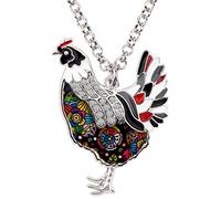 WEVENI Collar con colgante de aleación esmaltada, diseño de gallina, gallo de granja, regalo para mujeres y niñas negro