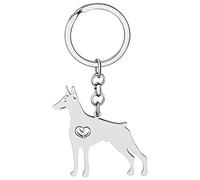 WEVENI Lindo llavero de perro de acero inoxidable chapado en oro de 18 quilates, accesorios para amantes de los perros, regalos para mujeres y niñas, Doberman chapado en plata, 44mm x 53mm