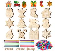 WEVOL 72 Piezas Adornos Arbol Navidad,12Estilos Kit Decoracion Navidad Madera Pinta,ColgantesArtesanales Adornos para arbolitos Personalizado,Originales Manualidades Navidadr Niños con Cuerda/Campana