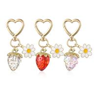 WEWAYSMILE 3 Piezas Lindo Llavero De Fresa Con Flor Y Margarita,Llavero De Frutas Lindo Llavero De Metal Para Mujer,Mochila Accesorio De Llaves Para Amantes De La Fruta(Rojo,Rosa Y Transparente)