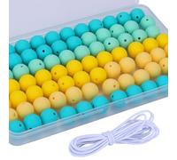 WEWAYSMILE 80 Uds Cuentas De Silicona 15mm, Cuentas Redondas Silicona A Granel, Con Cuerda Elástica Con Cuentas 2 metro Para Pulsera Llavero Cordones Joyería Manualidades (Amarillo Verde)