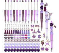 WEWAYSMILE Juego de 12 bolígrafos de plástico con cuentas surtidas, 66 cuentas multicolores, tinta negra, suministros de oficina, regalos de bricolaje (morado, estilo fresco)