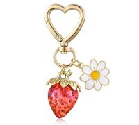 WEWAYSMILE Lindo Llavero De Fresa Con Flor Y Margarita,Llavero De Frutas Lindo Llavero De Metal Para Mujer,Mochila Accesorio De Llaves Para Amantes De La Fruta(Rojo)