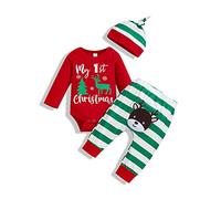 Wexuua My First Christmas - Mameluco rojo con pantalones a rayas y sombrero, conjunto de 3 piezas para recién nacidos, verde, 3-6 Months