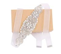 WEZTEZ Cinturón de perlas de boda con cinta de satén hecho a mano de cristal, fino para mujer, accesorios formales de vestido de noche, Organza plateada y blanca, Talla única