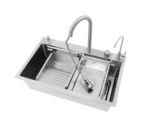WFIETN Fregadero de cocina con 2 grifos y 1 tabla de cortar, 1 lavabo, fregadero de cocina multifunción, para restaurantes interiores y exteriores, 75 x 46 x 22 cm (plata)
