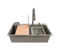 WFIETN Fregadero multifunción en cascada, 35 x 75 cm, fregadero de cocina individual, 1 cuenco, fregadero empotrable, con grifo extraíble y cesta de goteo (gris)