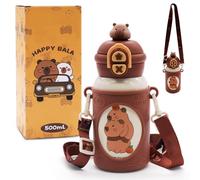 WFKKMEQ Capybala Botella Termica para Niños, Botellas de Agua con Pajita Insulated Stainless Steel Reusable Tumbler Prueba de Fugas Botella Agua Kids Water Bottle with Straw Termo para Escuela(500ml)