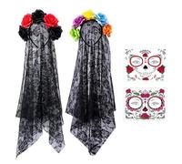 WFKKMEQ Diadema de Halloween, Diadema del Día De Muertos Tatuajes Temporales de Cara Disfraz de Halloween Fancy Dress Costume Accesorios Diademas de Rosas Fiesta de Disfraces para Carnaval, Cosplay