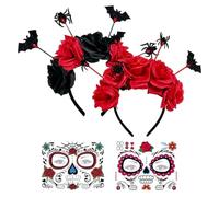 WFKKMEQ Diadema de Halloween, Disfraz de Halloween Fancy Dress Costume Accesorios Diadema del Día De Muertos Tatuajes Temporales de Cara Diademas de Rosas Fiesta de Disfraces para Carnaval, Cosplay