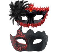 WFKKMEQ Máscara Veneciana Parejas, 2PCS Máscara de Mascarada, Máscaras de Mardi Gras Máscarass de Baile para Mujer y Hombre Fiesta Accesorios para Mascarada - Rojo