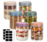 WGIDSKKI Overnight Oats - Juego de 6 tarros de cristal de 500 ml, con tapa de rosca y pegatina y bolígrafo para yogur, mermelada casera, ensalada, pudín, chutney