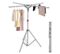 WGIDSKKI Tendedero Plegables Incluye 10 Ganchos y 1 Pinza para Calcetines, Tenderetes de Ropa con 4 Alas y Altura Extensible de 130-180cm, para Interiores, Válido para Interior y Exter (Gris)