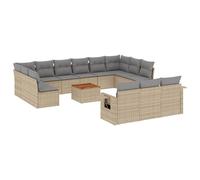 WGYHOME Juego de 14 sofás de jardín beige de polirratán con cojines lavables, diseño modular y mesa de madera de acacia, para patio, jardín y patio