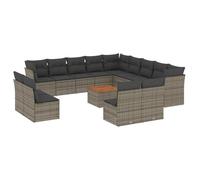 WGYHOME Juego de 14 sofás de jardín gris con cojines - ratán sintético y madera de acacia, resistente a la intemperie, resistente a los rayos UV, para patio, balcón y jardín