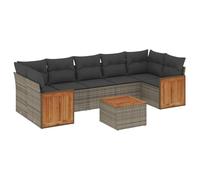 WGYHOME Juego de 8 sofás de jardín gris de ratán sintético con espacio de almacenamiento, cojines lavables y mesa de madera de acacia, para terraza, balcón y jardín