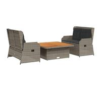 WGYHOME Juego de salón de jardín de 3 piezas, color gris, con cojines - ratán sintético, mesa de madera de acacia 110 x 110 cm, banco reclinable y cojines de poliéster lavables - para patio, jardín y