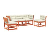 WGYHOME Juego de sofá de jardín de 5 piezas, madera de pino maciza, color marrón cera, con cojines de poliéster blanco cremoso, resistente a la intemperie, modular e impermeable, para terraza, balcón