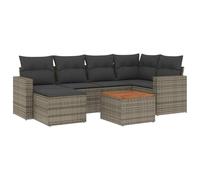 WGYHOME Juego de sofá de jardín gris de ratán sintético con espacio de almacenamiento, cojines resistentes al agua y mesa de madera de acacia, para terraza, balcón y jardín