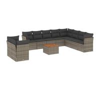 WGYHOME Juego de sofás de jardín de ratán sintético gris, 5 sofás esquineros + 5 sofás centrales + mesa de acacia con almacenamiento y cojines lavables - para terraza, balcón, jardín