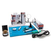 Whadda Kit de iniciación a la soldadura con mecha de soldadura, soporte para soldador, cortadores laterales, bomba desoldadora, soldador y tercera mano con lupa, adecuado para clases STEM
