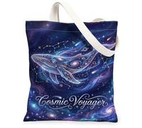 Whale - Bolsa de lona para mujer, constelaciones cósmicas de galaxia mística, color azul, lavable, reutilizable, para compras, brunch, parque, biblioteca, excursiones, 13 x 15 pulgadas