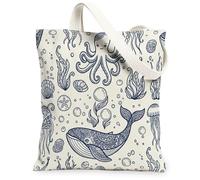 Whale - Bolsa de lona para mujer, diseño náutico de pulpo, medusas de verano, color azul marino, lavable, reutilizable, estéticas, ideas, Azul marino, 13x15 Inch