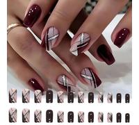WhaleO 24 Piezas Uñas Postizas Con Pegatinas De Pegamento Press On Nails Uñas Press On Gel Uñas Postizas Gel Uñas Postizas Adhesivas Para Mujeres Niñas - Líneas de Color Rojo Oscuro