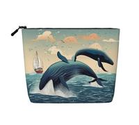 Whales Jump in The Sea - Bolsa de cosméticos con estampado de ballenas para mujer, bolsa de maquillaje de lino sintético de gran capacidad, perfecta para viajes y uso diario, Black, Talla única