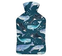 Whales Orcas Narwhals On Navy - Botella de agua de goma con cubierta de felpa suave, bolsa de agua caliente para invierno, manos y pies, protección contra el frío, 1000 ml