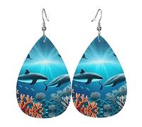 Whales under the sea Pendientes de piel con forma de lágrima para mujer, gancho chapado en plata 925, accesorios de vacaciones