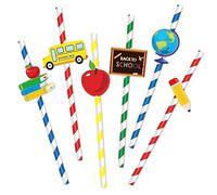 Whaline 100 pajitas desechables de vuelta a la escuela, autobús escolar, lápiz, rayas de manzana, pajitas de papel para el primer día de escuela, para bienvenida, fiesta de regreso a la escuela,