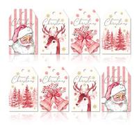 Whaline 120 etiquetas de regalo de papel de Navidad, etiquetas colgantes de acuarela rosa con cuerdas de cáñamo, bosque, alce, campana, Papá Noel, etiquetas de papel de invierno para Navidad,