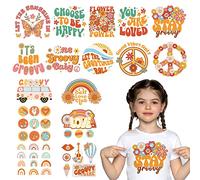 Whaline 16 hojas de calcomanías de vinilo de transferencia de calor bohemias estilo retro hippie para planchar en vinilo HTV parches coloridos bohemios con patrón de margaritas de arco iris para planchar camisetas de tela, sombreros y manualidades