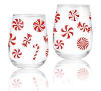 Whaline 2 copas de vino de Navidad sin tallo de 17 onzas, vasos de Navidad con temática de caramelo, vasos de bastón de caramelo para suministros de fiesta, regalos