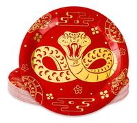 Whaline 24 platos de papel de Año Nuevo chino, platos desechables de serpiente de lámina dorada, plato de cena de oro rojo, plato de postre para festivales de primavera, platos de postre para