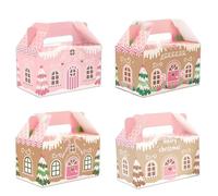 Whaline 24 Uds Cajas de tratamiento de Navidad con manijas Pink Gingerbread House Goodie Candy Bags Navidad Gable Paper Gift Contenedores para galletas Snack Present Party Favor Suministros, 4 diseños