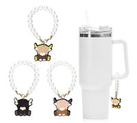 Whaline 3 dijes para botella de agua de vaca de las Tierras Altas, dijes de vaca de dibujos animados, accesorios para vasos de 30 y 40 onzas con asa, PVC y plástico, Perla