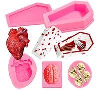 Whaline 4 moldes de silicona para Halloween, kit de moldes de resina para ataúd, molde de resina de órgano de cráneo 3D, moldes de fundición de corazón, cerebro de fondant para manualidades, chocolate, magdalenas, decoración de jabón, gelatina, rosa