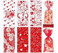 Whaline Bolsas de celofán de San Valentín, 150 bolsas de corazón de rosa roja con 150 lazos giratorios y bolsas de plástico para dulces de violonchelo, aniversario de boda, 6 diseños